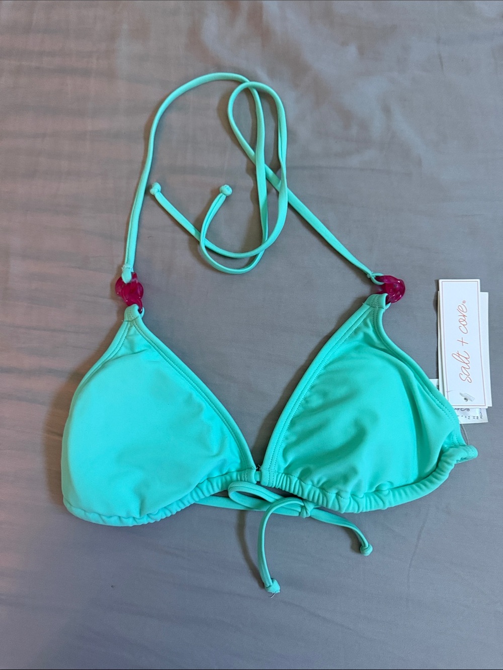 Salt + Cove Women's Aqua Triangle Bikini Top with Pink Accent Beads NWT Med/Lg